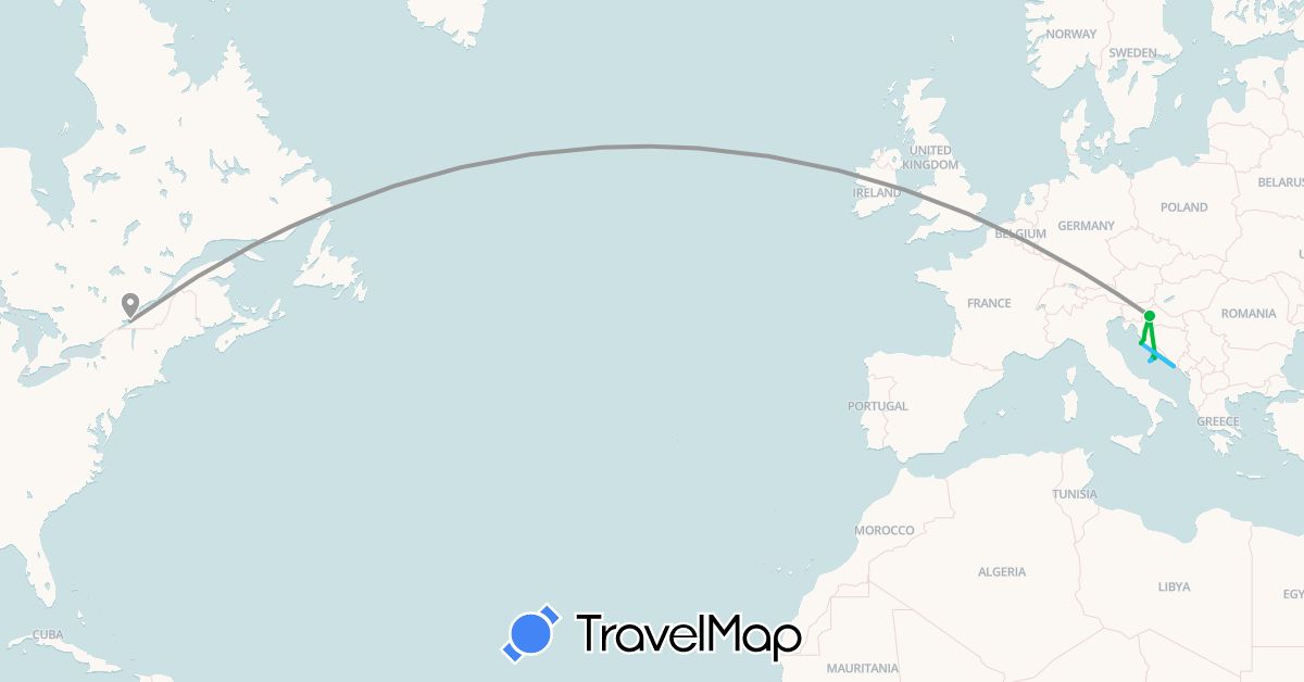 TravelMap itinerary: bus, plane, boat in Canada, Croatia (Europe, North America)